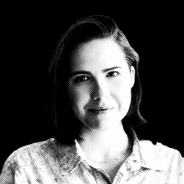 Black and white halftone portrait of a person with short hair, facing forward, wearing a button-up shirt, and smiling slightly.